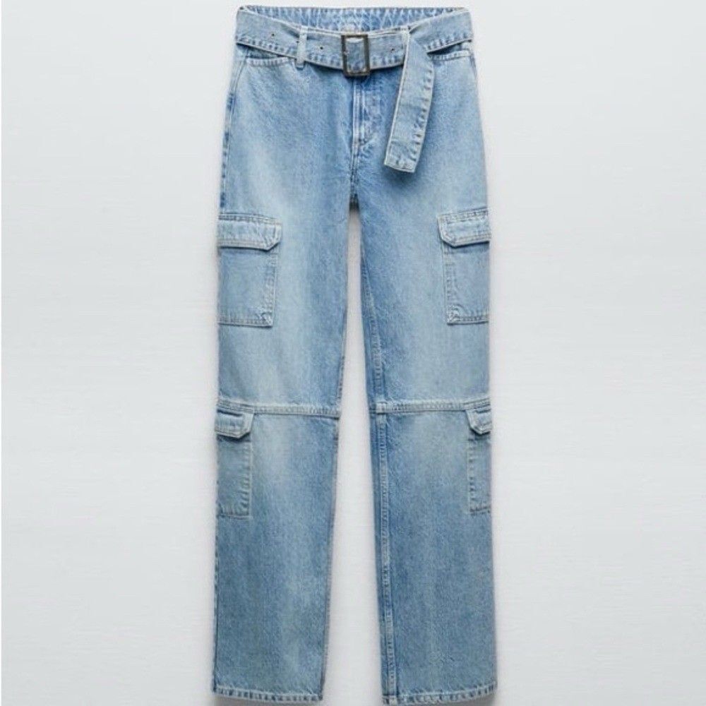 Zara Women's Light Blue Denim Belted Cargo Jeans SZ 4